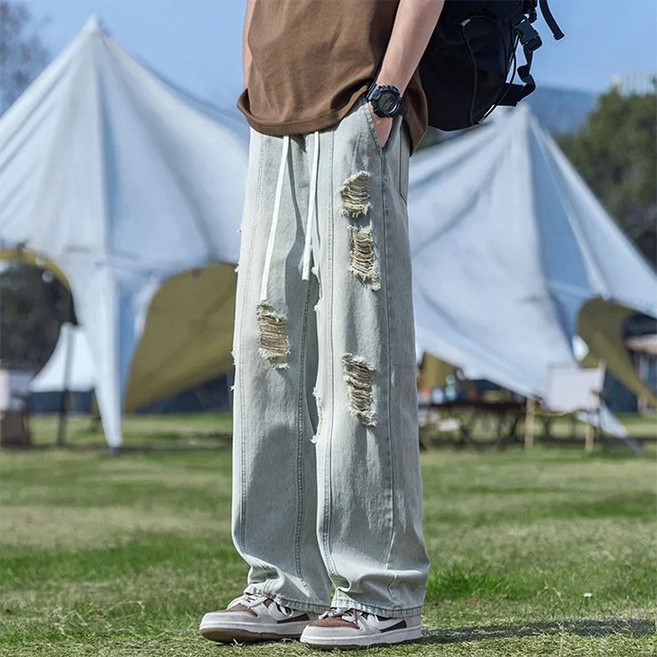 꽃소담 남자 봄여름 허리밴딩 빈티지 헤짐 와이드 데님팬츠 찢청 청바지 XP1468