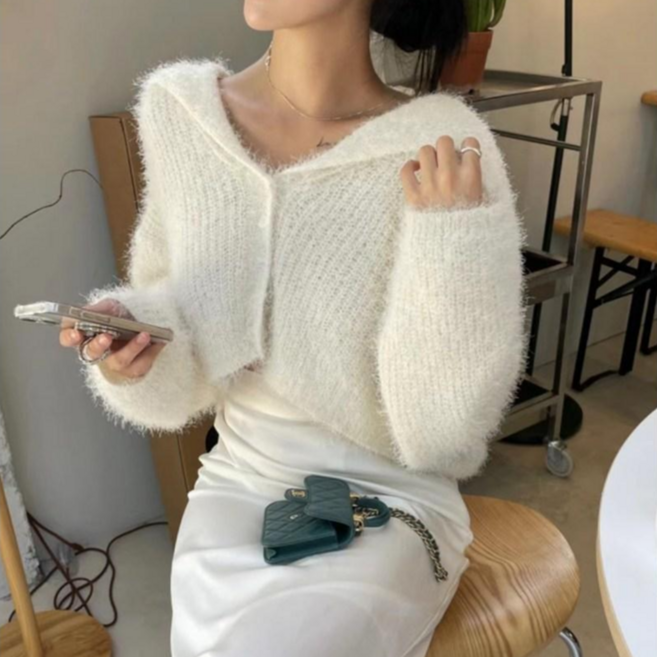 [유미르] 여리여리 빅카라 앙고라 크롭 니트 가디건