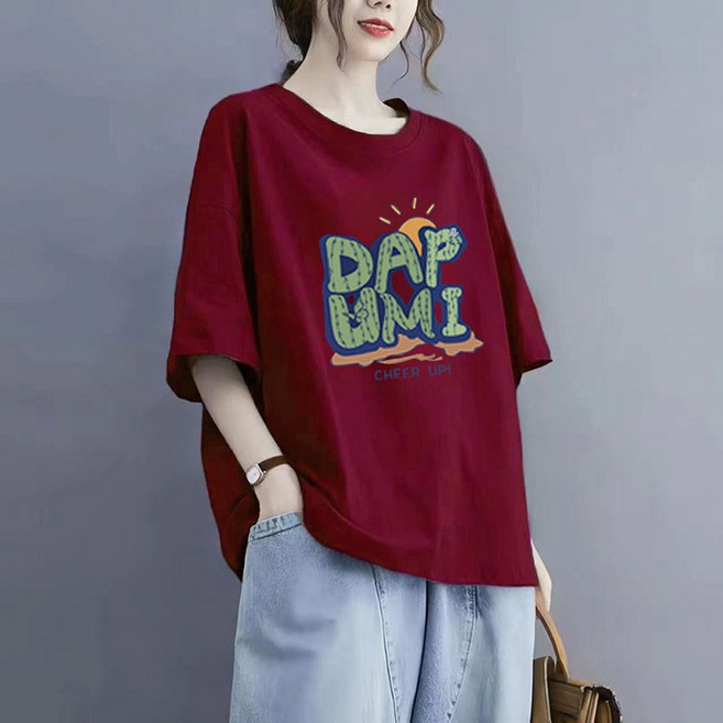 여성 순면 프린팅 반팔티 여름용 오버핏 빅사이즈 프린트 루즈핏 쿨 롱티셔츠 슬림소녀