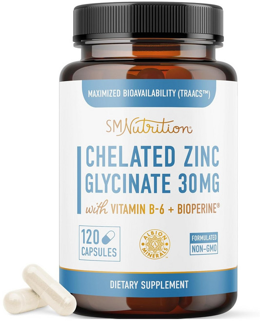 SMNUTRITION 螯合甘胺酸鋅 30毫克 含維他命B-6 + 二矽酸鎂 膠囊, 1個, 120錠