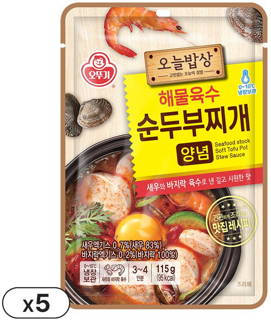 오뚜기 오늘밥상 해물육수 순두부찌개 양념, 5개, 115g