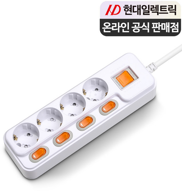현대일렉트릭 국산 개별스위치 절전 멀티탭 4구 과부하차단 16A, 1개, 화이트, 3m