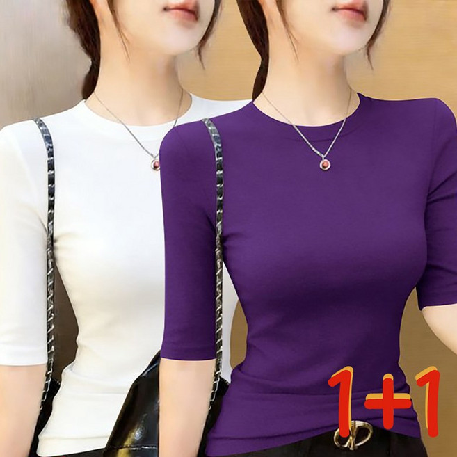 1+1 빅사이즈까지 5부소매 슬림 여성 티셔츠 스판 슬림 이너상의 무지 라운드티 봄여름