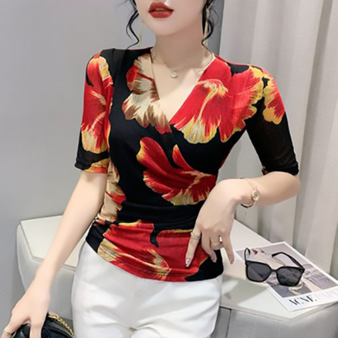 UPPERCUT 여성 여름 브이넥 플라워 라인댄스복 상의 방송댄스복, 레드