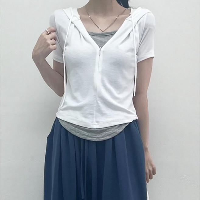 빅걸스토리 여성 이너 레이어드 반팔 이중 후드티