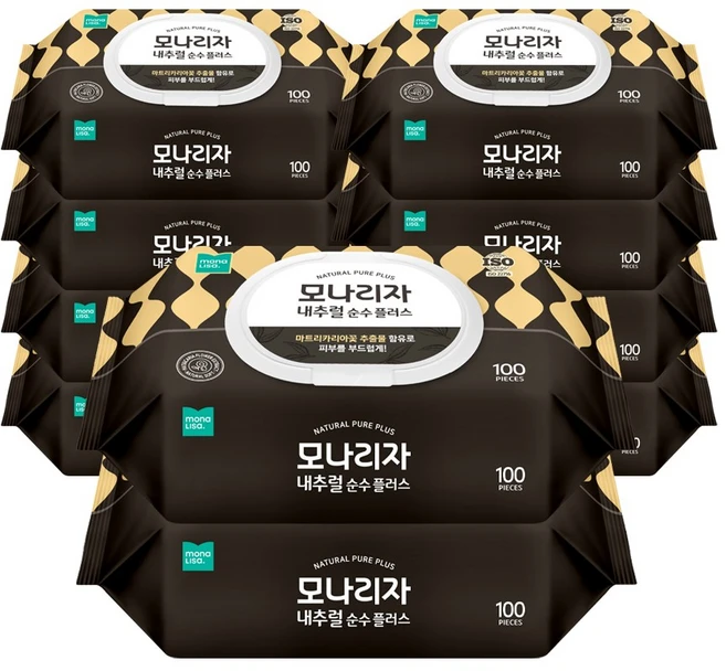 모나리자 내추럴 플러스 물티슈 캡형, 1g, 100개입, 10개 - 쿠팡
