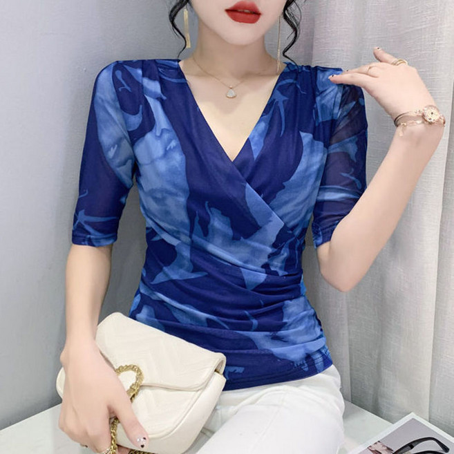 용태원여성 브이넥 라틴라인 댄스 티셔츠망사 티셔츠 반팔