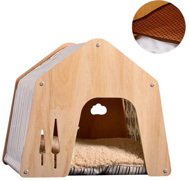 寵物屋 木質貓窩 狗屋 小型犬半封閉式寵物床, 米色條紋(送涼蓆), 1個