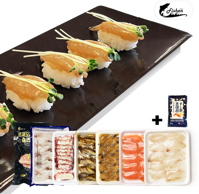 피쉬앤 초밥재료 7종 세트+초데리 증정 // 초밥만들기 광어 훈제연어 장어 문어 간장새우 훈제오리 탈각새우, 광어/연어/탈각새우/장어/문어/간장새우/훈제오리초데리1, 1개