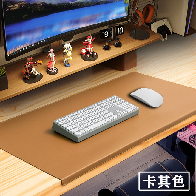 折邊護肘皮革辦公桌墊超大滑鼠墊學習書桌墊電腦桌墊皮革桌墊工, 1個, 卡其色:60*30CM