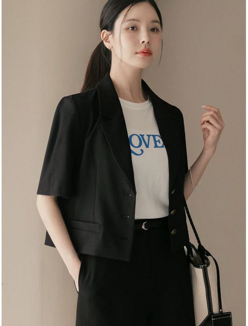 시크라인 XXL까지 테일러드카라 볼드버튼 크롭 자켓 여름 더블버튼 정장 하객룩 오피스룩 데이트 모임 미시 빅사이즈