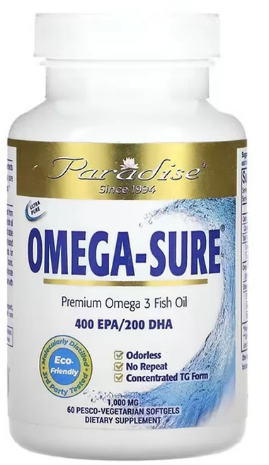 파라다이스 허브 오메가 Sure 프리미엄 오메가3 피쉬 오일 1000mg 페스코 베지 소프트젤 60정, 1개 - 쿠팡
