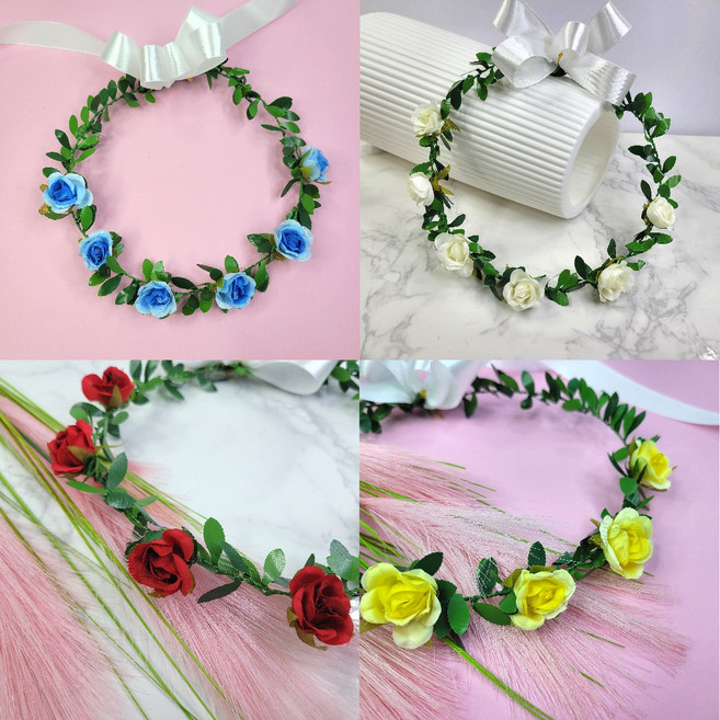 장미 화관 만들기 DIY 조화 플라워 로핑 머리띠 교육용 스냅샷 소품 셀프촬영, 04. 엘로우로즈 화관