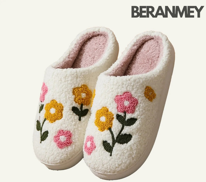 Beranmey 꽃자수 털슬리퍼 방한 양털 실내화
