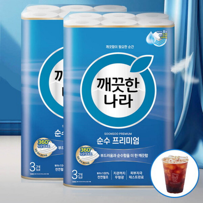 [깨끗한나라] 순수 프리미엄 3겹 천연펄프 화장지 27m 30롤x2팩+메가커피쿠폰, 2개, 30롤