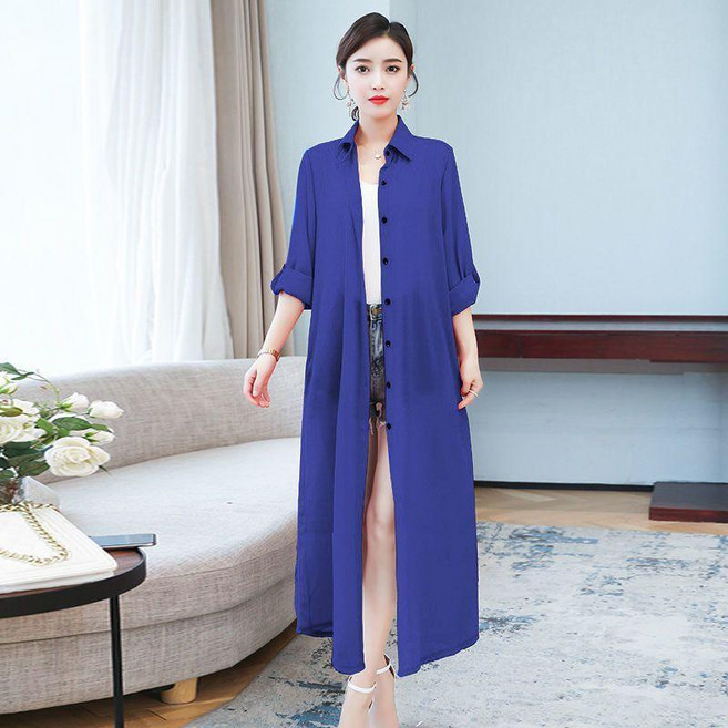 雪紡防曬衣 女夏季薄款長款開衫大碼空調外搭, 寶藍色,5XL 77.5-87.5公斤