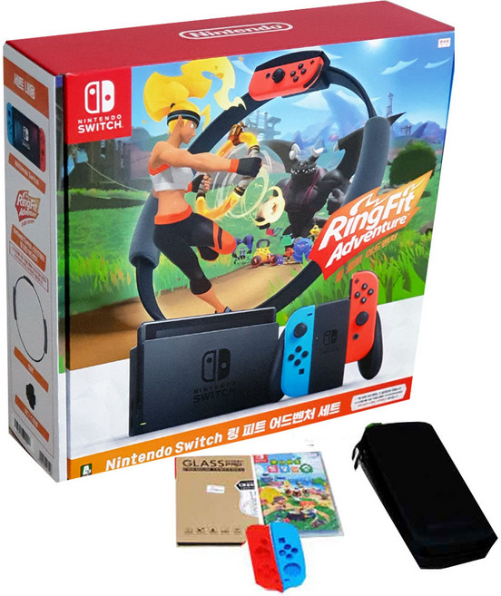 닌텐도스위치 네온+동물의숲게임 타이틀+링피트 어드벤처 세트 패키지+가방+강화유리필름+조이콘커버