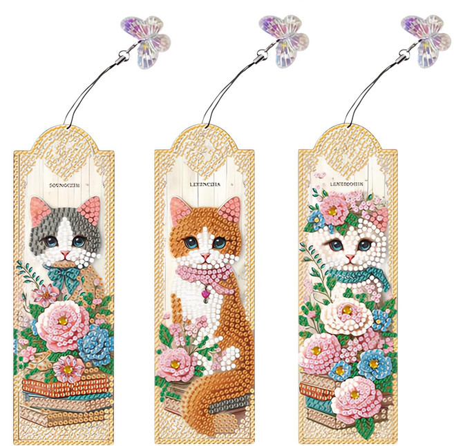 투데이리빙 3개 세트 보석 십자수 diy 책갈피 만들기 보석십자수 자수 도구 고양이 풍경 플라워 나비 비즈 북마크, R98159A(고양이 세트, 1세트