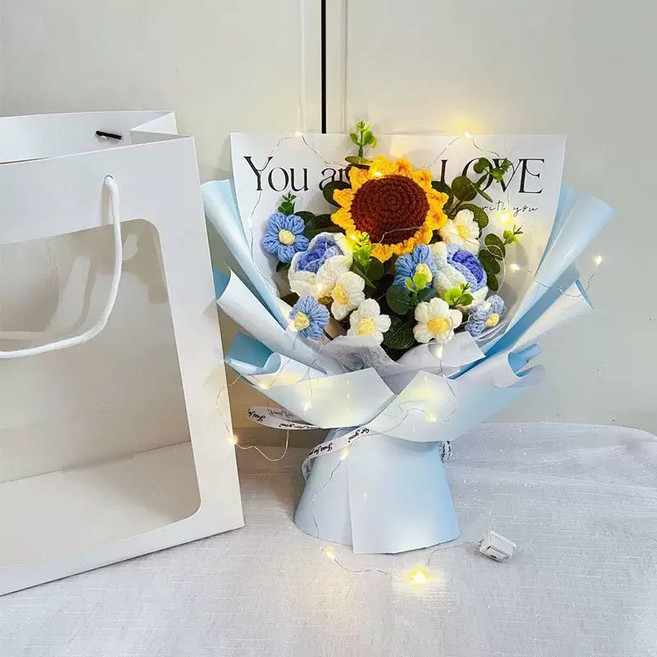 跨境毛線針織花束成品編織玫瑰情人節閨蜜生日母親節畢業季禮物, 1向日葵2漸變藍玫瑰