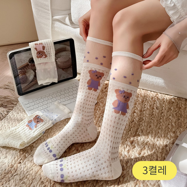 스위트나나 여성 귀여운 곰돌이 시리즈 시스루 장목 패션양말 3종 세트