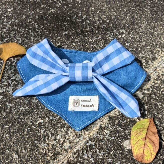 하니펫 반려동물 귀요미스카프 데님 체크 케이프, 1개, 블루