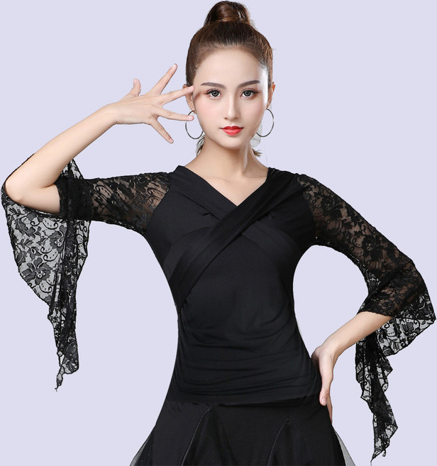 베씨 여성 트럼펫 슬리브 라틴댄스 상의 밸리 라인 공연 여자 살사 단체복 스포츠 무용, 블랙