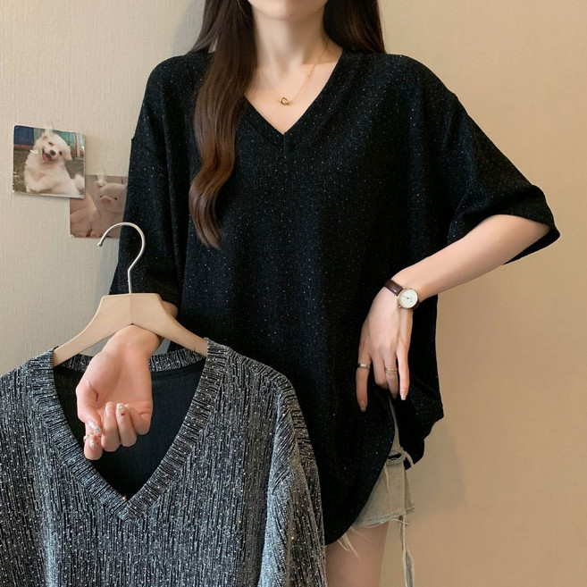 UNIQUEZON 1+1 여성 오버핏 브이넥 반팔티 여름 편안한 캐주얼 티셔츠 롱티 박시티 빅사이즈