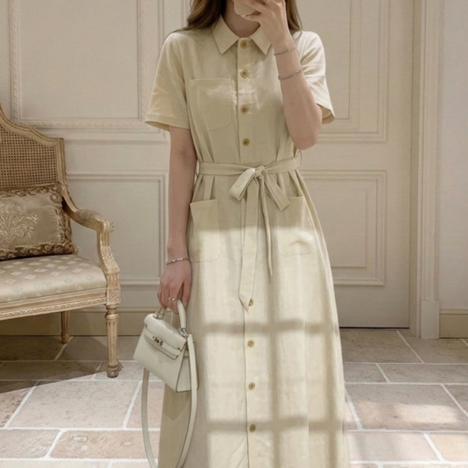 아이엠몽 여성 베이직핏 카라 넥 반소매 롱 원피스