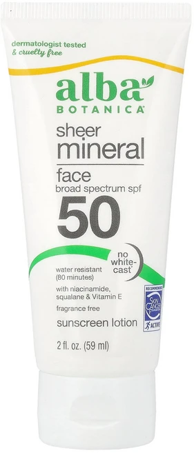 Alba Botanica 시어 미네랄 페이스 자외선 차단제 SPF 50 무향 59ml(2fl oz) Botanica (알바 보타니카), 1개, 59ml - 쿠팡