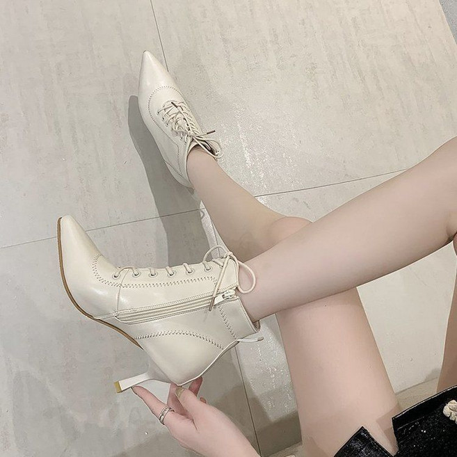 여자 가을 겨울 쇼트 부츠 새로운 올 매치 패션 레이스 업 뾰족한 로우 힐 부츠 하이힐 스틸레토 5CM 7CM 쇼트 부츠 AIGH11J