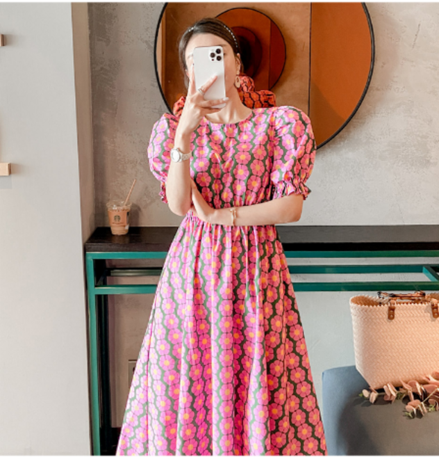 여름 러블리 퍼프소매 플라워 롱 원피스