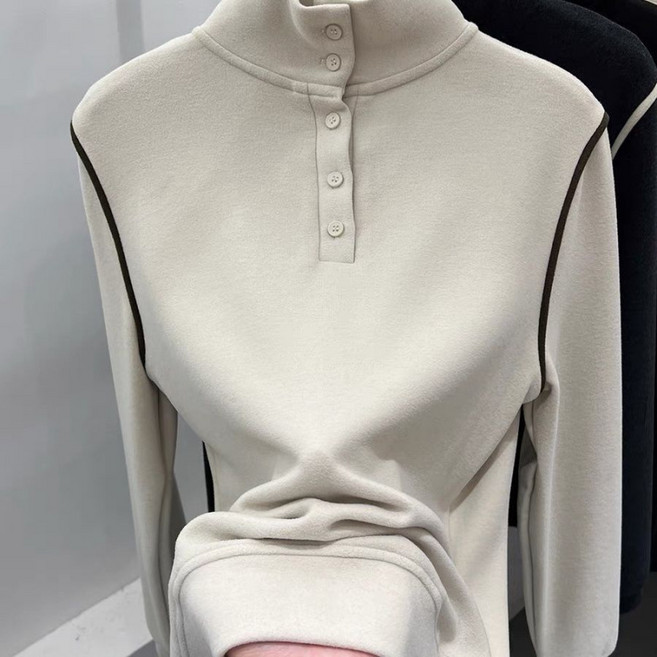유니픽 여성 가을겨울 면 반폴라 긴팔 티셔츠 심플 버튼 디자인 캐주얼룩ddn
