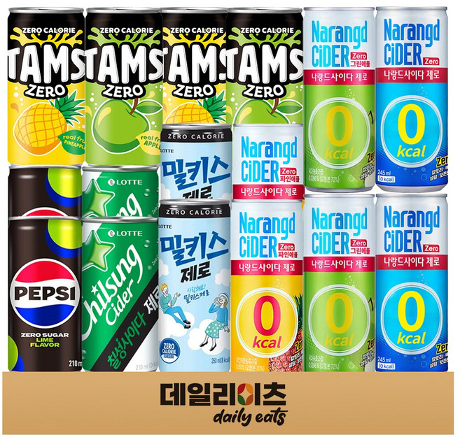 [데일리이츠] 소캔 제로 탄산 캔음료 8종 2개씩 16개 기획세트 (펩시제로 칠성사이다제로 밀키스제로 탐스제로 사과&파인애플 나랑드 사이다&그린애플&파인애플), 1세트, 240ml