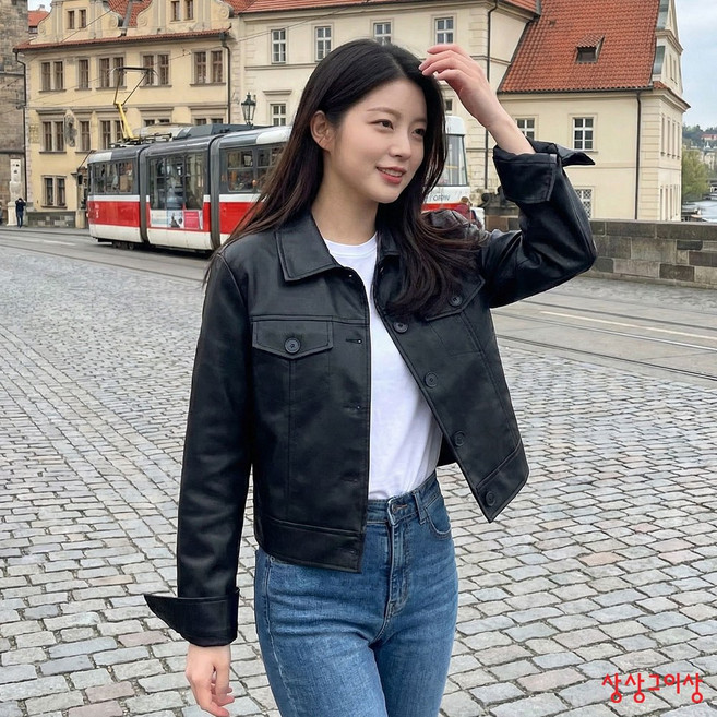 상상그이상 여성용 미니 카라 라이더 크롭 가죽자켓 숏자켓 캐쥬얼 점퍼 트렌디한 레더자켓