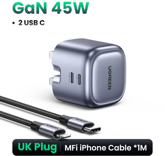 UGREEN GaN 45W USB 충전기 PD QC 3.0 고속 충전기 아이폰 17 16 15 프로 여행용 S24 S23용, 08 UK Add  iPhone Cable, CHINA, 1개