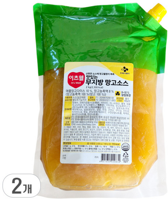 이츠웰 맛있는 무지방 망고소스, 2kg, 2개