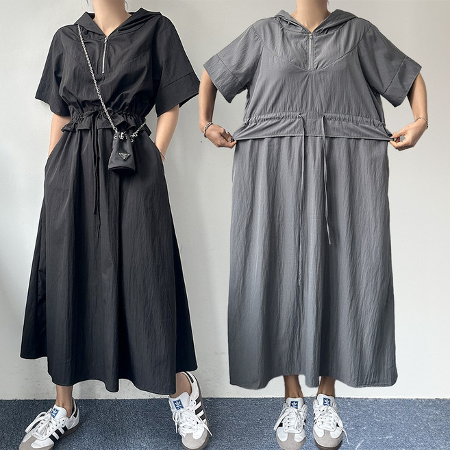 [에이스토리] 루즈핏 후드 반집업 허리셔링 아노락 반팔 롱원피스 바캉스원피스