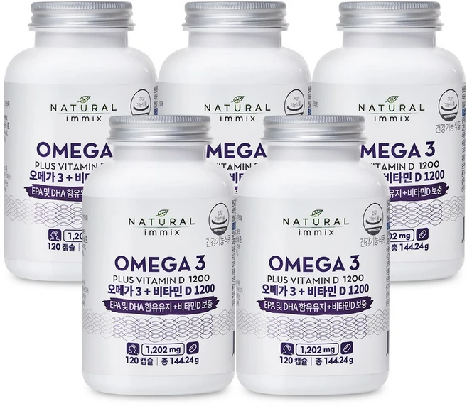 네추럴이믹스 오메가3 + 비타민D 1200 dha epa 120캡슐, 120정, 5개 - 쿠팡