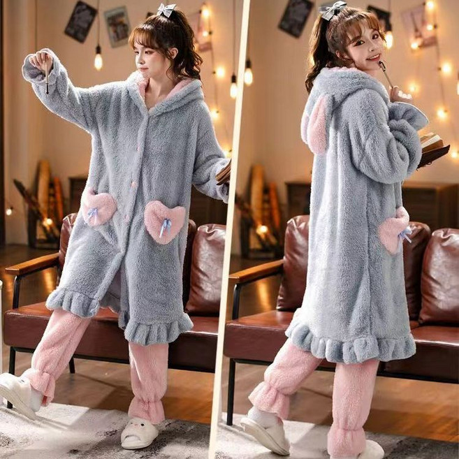 가을 겨울 여성 코랄 잠옷 커플 캐주얼 캐릭터 롱 가운 잠옷 남성 도톰하고 기모 파마자 바지 투피스 YMY