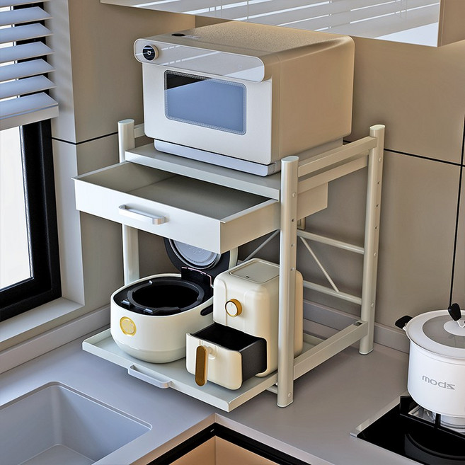 인더몰 서랍형 슬라이딩 밥솟 거치대 높이조절 전자레인지 선반, 2단, 화이트