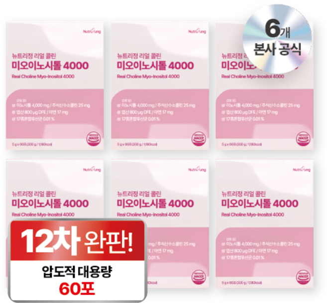 뉴트리정 리얼 콜린 미오이노시톨 4000 엽산 대용량 60포, 6박스, 300g