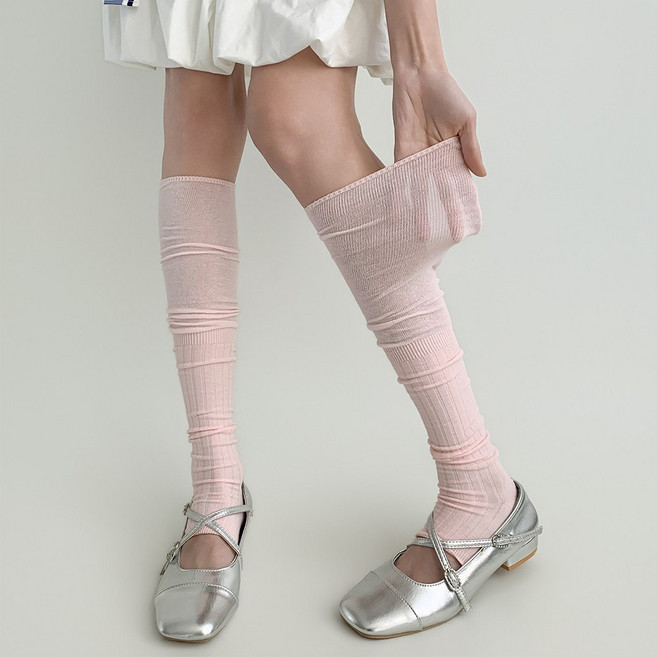 Coablu 여성 발레코어 세로줄 오픈힐 레그워머 롱 주름