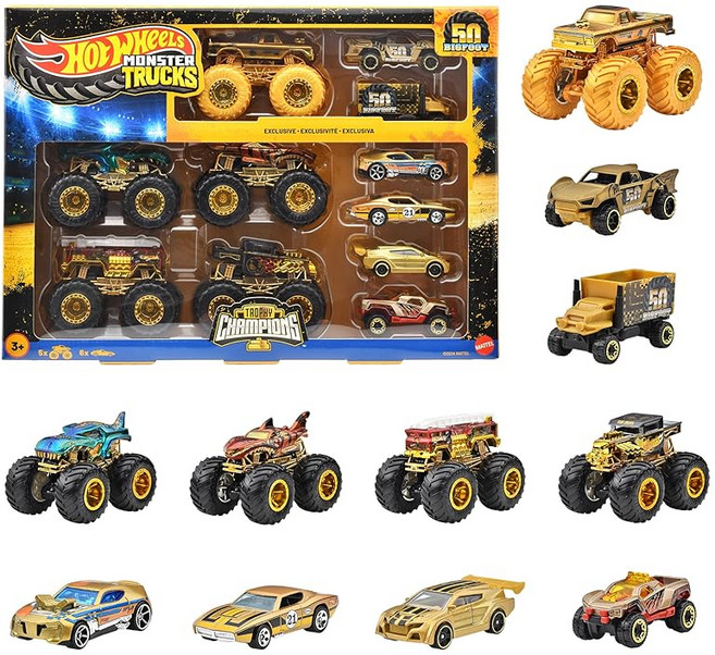 핫 휠 Hot Wheels 몬스터 트럭 빅풋 트로피 챔피언 컬렉션 세트 탈것 장난감 몬스터 트럭 5대 미니카 6대 총 11개입 3세부터 골드 JDW07, 1개, 상세페이지 참조