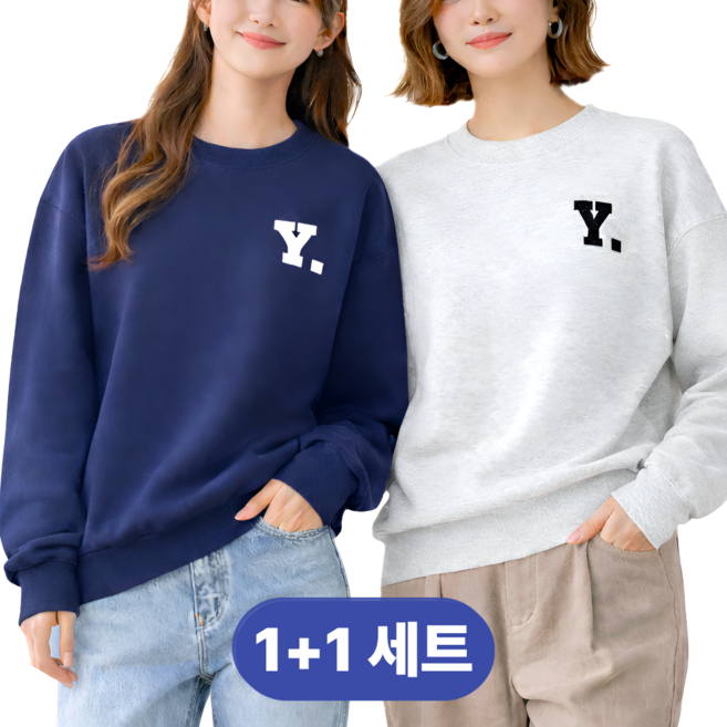 민채앤코 여성 간절기 오버핏 레터링 라운드넥 루즈핏 맨투맨 2종 세트