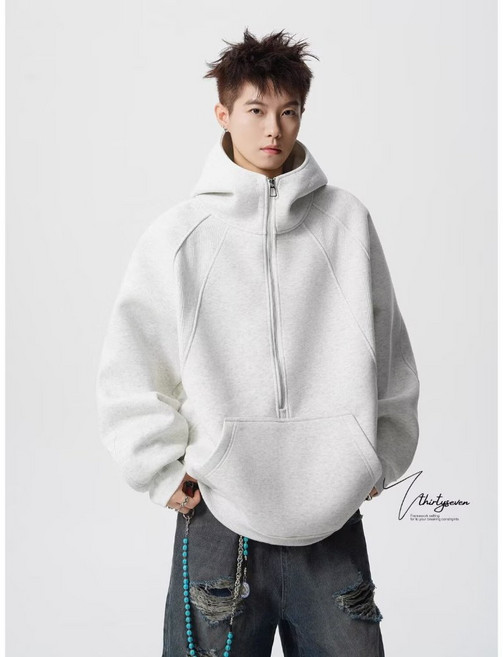 純色半拉鏈套頭衛衣 復古寬鬆連帽衫 情侶百搭休閒帽T