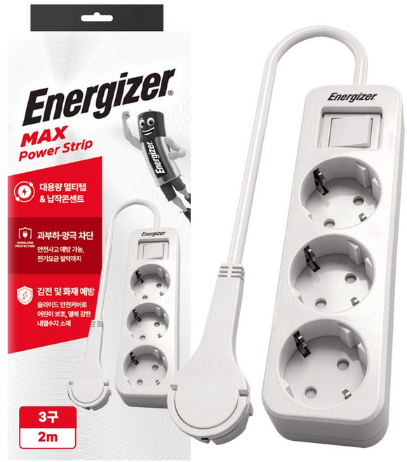 에너자이저 4000W 고용량 과부하차단 납작 멀티탭 3구 콘센트, 화이트, 1개, 2m