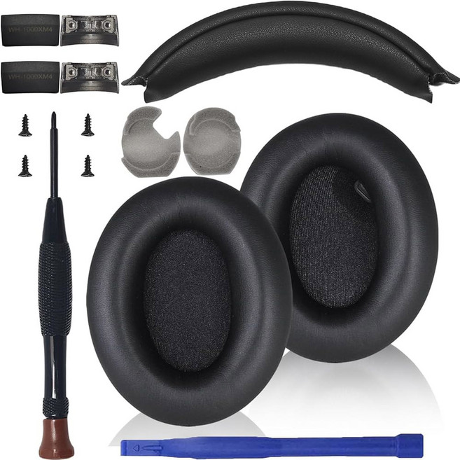 소니 WH-1000XM4(WH1000XM4) 노이즈 캔슬링 헤드폰 소프트 프로틴 가죽 이어패드 및 헤드밴드 쿠션 패드 커버에 스냅온 디자인 블랙 기능 제공, 6 WH-1000XM4-EP-HB-PL-BK