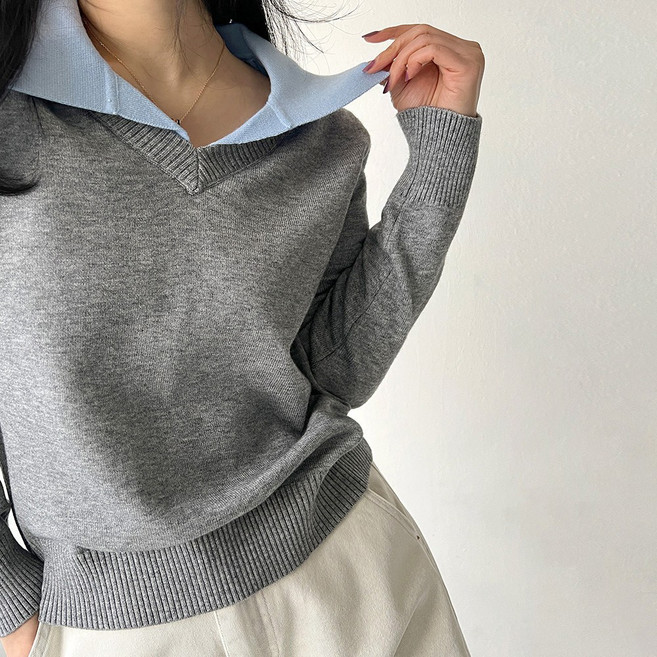 네모엔룩 블루윙카라 여성용 투톤배색 와이드 카라 브이넥 투인원 페이크 레이어드 긴소매 니트