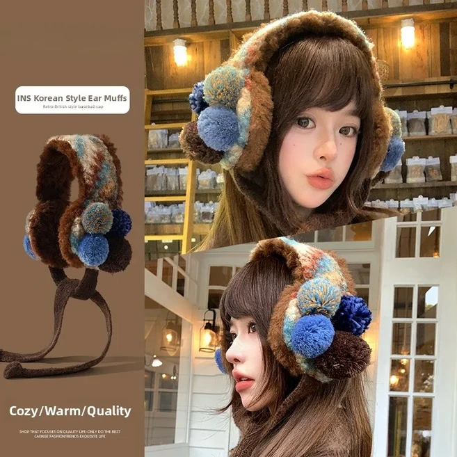 레트로 퍼리 귀마개 여성용 겨울 사이클링 방한 보온 다채로운 색상의 귀덮개 타이온 디자인, 갈색