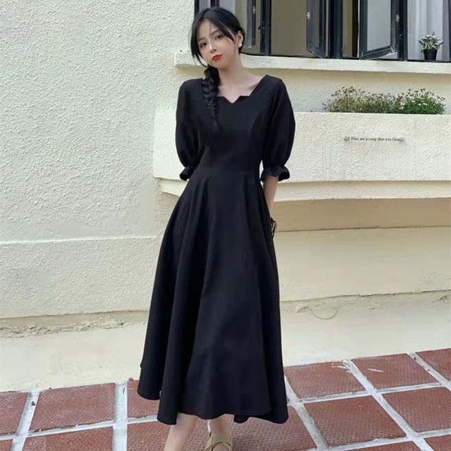 法式赫本風連衣裙 顯瘦遮肚子設計感方領長裙女夏, 小黑裙,2XL 【建議140-160斤】